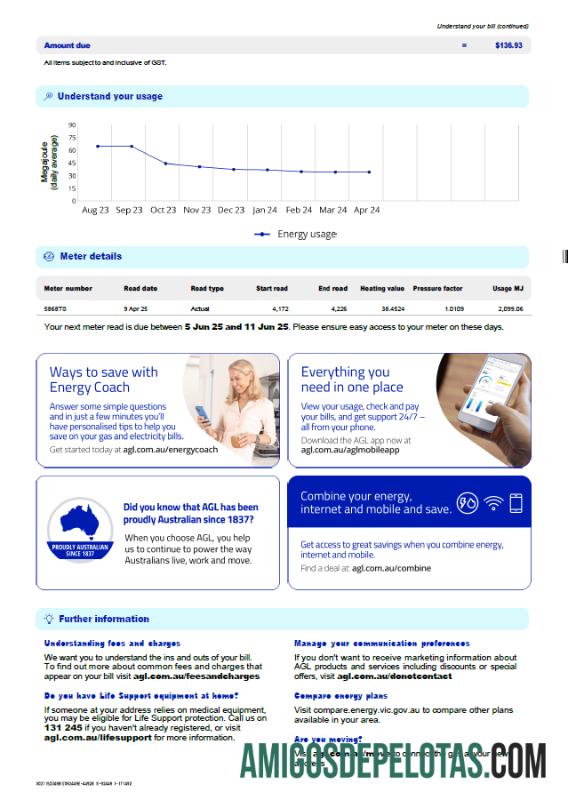 imprimível Modelo de conta de serviços públicos de gás AGL da Austrália em formatos Word e PDF, 3 páginas, 3ª página
